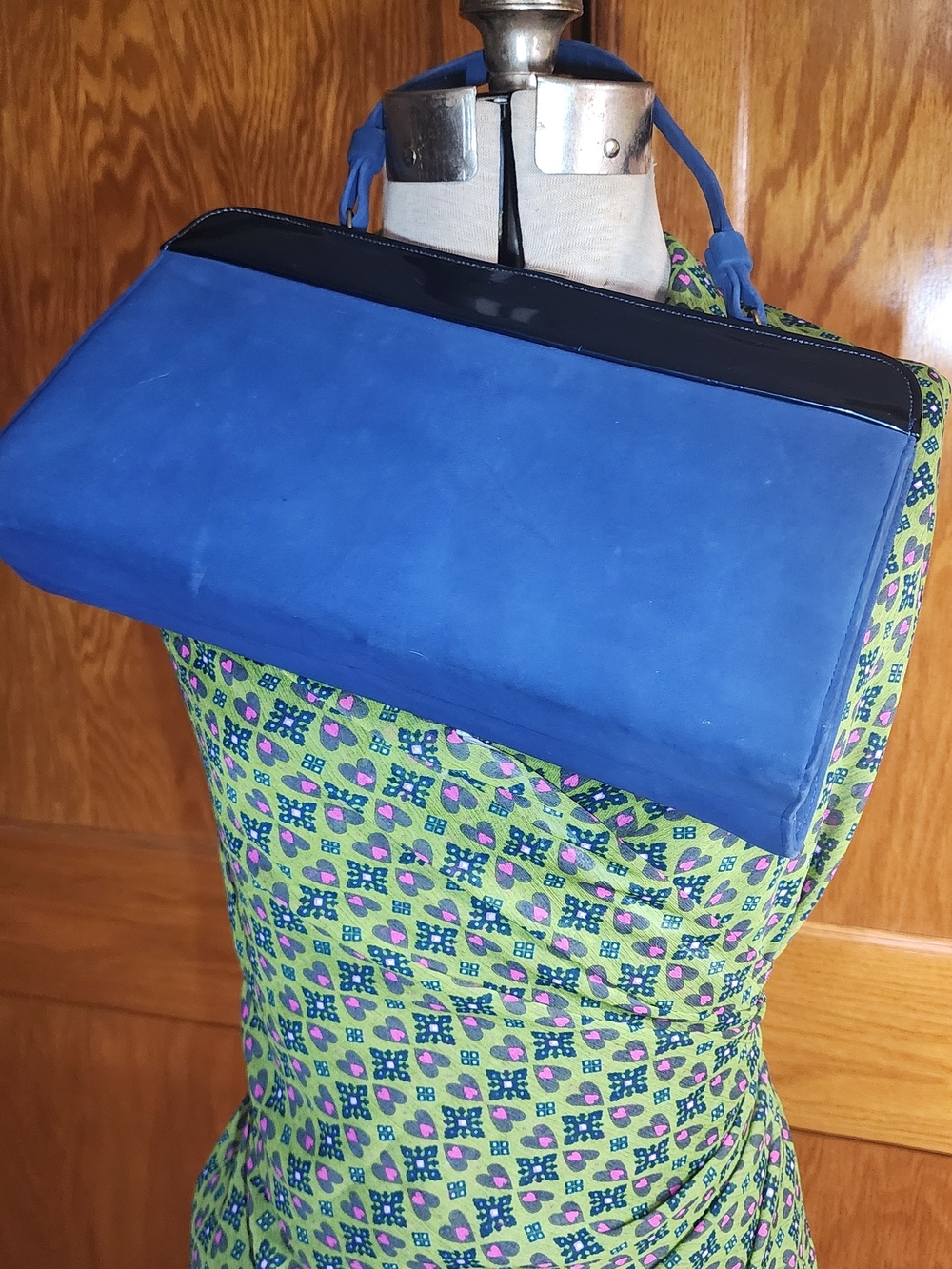 Vintage Blue Suede Clutch with Patent Leather Trim